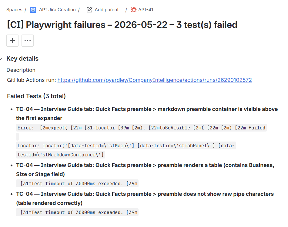 Auto-created Jira ticket showing the three TC-04 failures with error messages and a link to the GitHub Actions run