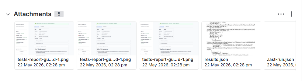 Jira ticket attachments panel showing five attached files — three screenshots, results.json, and last-run.json