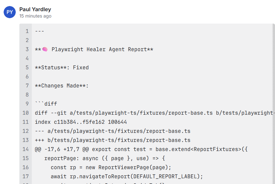 Jira comment posted by the healer agent showing the diff applied to fix the TC-04 locator failures