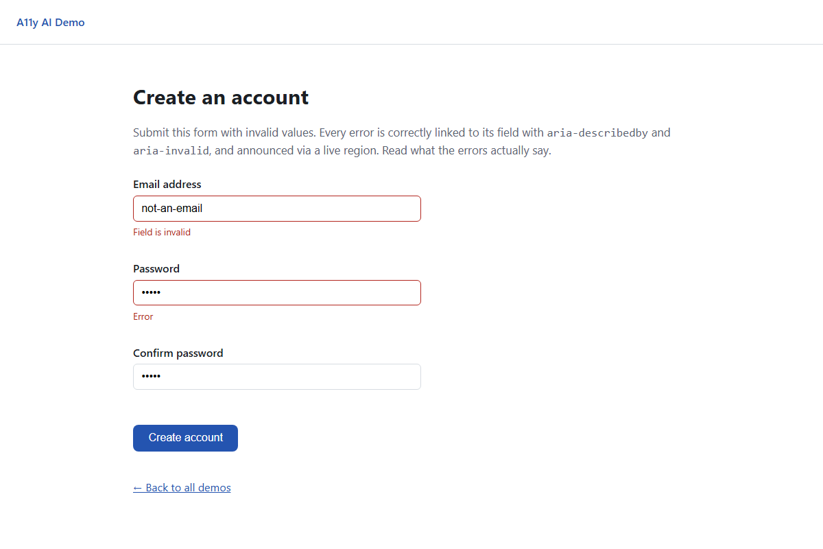 The sign-up form after a failed submit, showing "Field is invalid" under email and "Error" under password