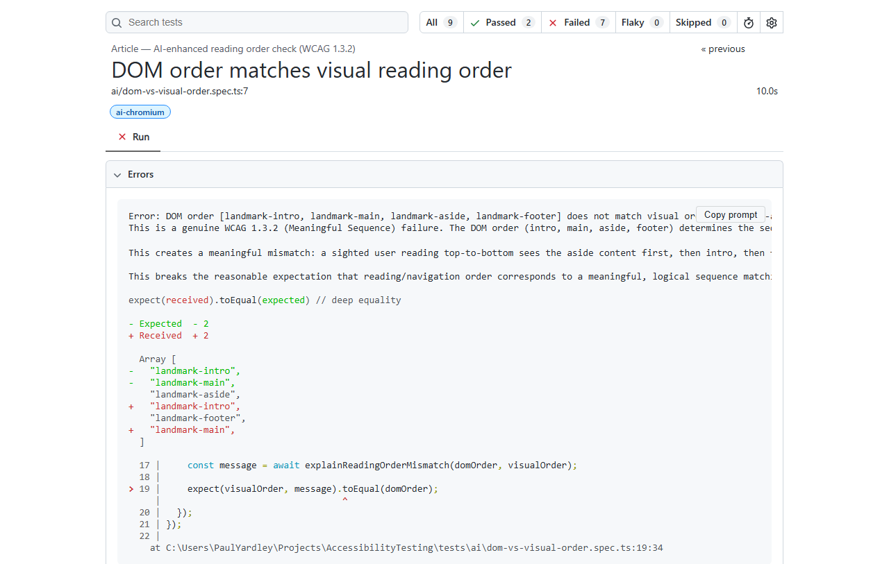 Playwright HTML report showing the reading-order AI test failed, with both the geometry diff array and Claude's WCAG 1.3.2 explanation