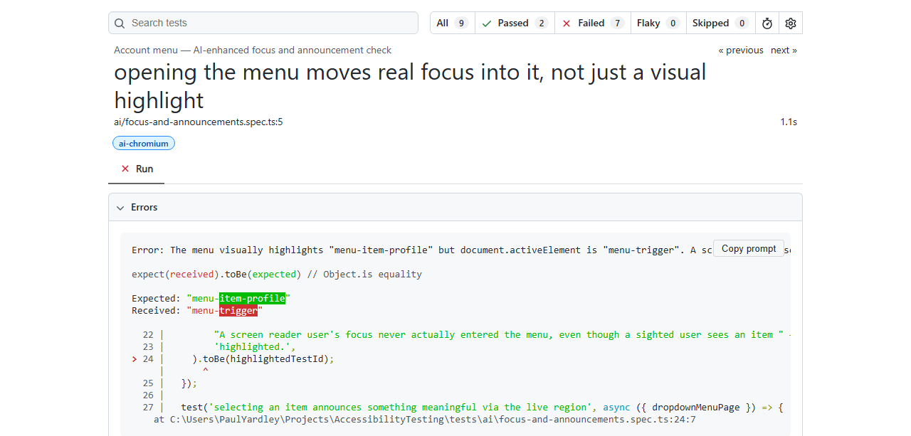 Playwright HTML report showing the focus-tracking AI test failed, with the Expected/Received diff between the highlighted item and the actually-focused element