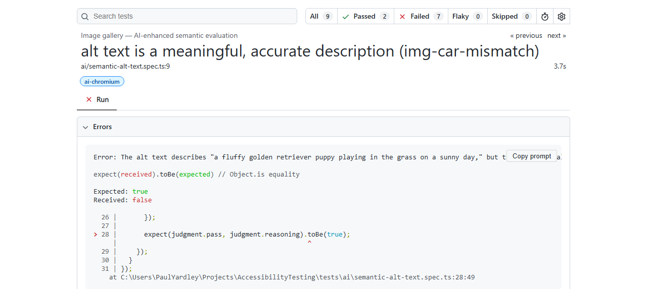 Playwright HTML report showing the car-mismatch AI test failed, with Claude's reasoning about the mismatched alt text in the error panel