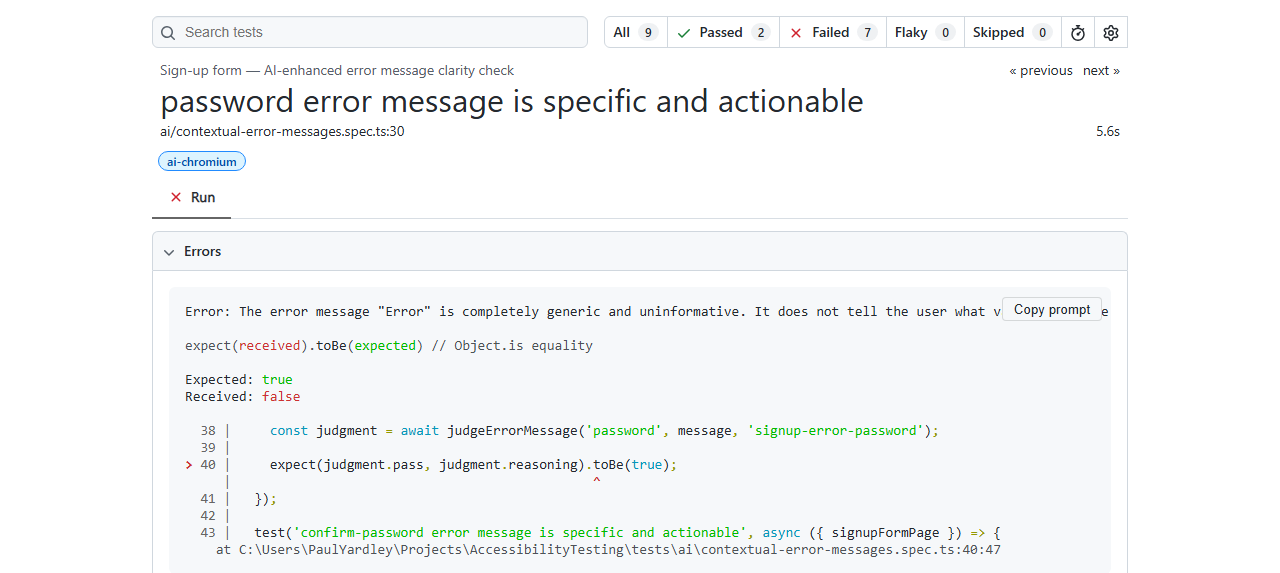 Playwright HTML report showing the password error-message AI test failed, with Claude's reasoning that "Error" is uninformative