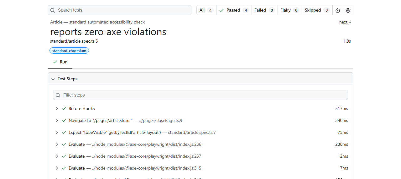 Playwright HTML report showing the article page's axe-core test passed cleanly