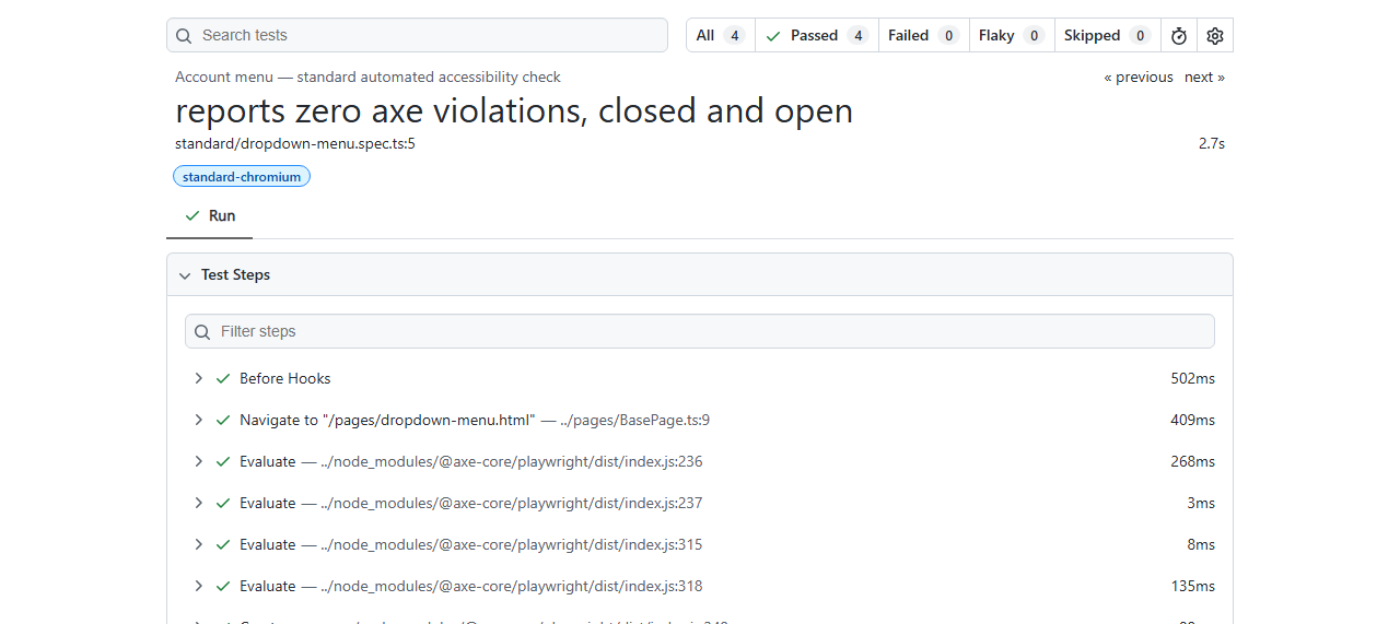 Playwright HTML report showing the dropdown menu's axe-core test passed in both the closed and open state