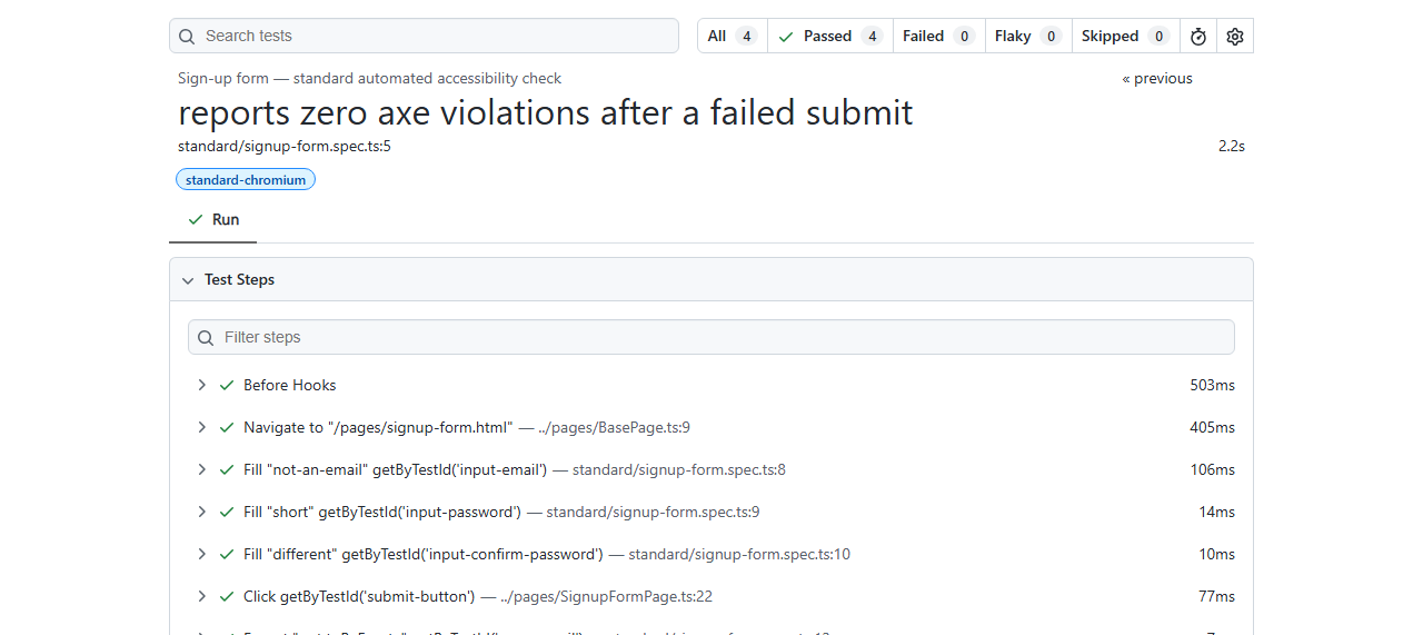 Playwright HTML report showing the sign-up form's axe-core test passed after a failed submit