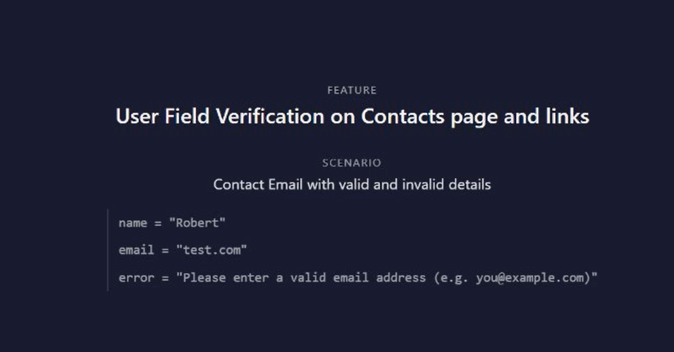 Title card showing Example #2 with three named fields: name = "Robert", email = "test.com", error = "Please enter a valid email address (e.g. you@example.com)"