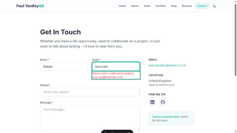 The Email field highlighted in teal showing "test.com" and the browser validation error "Please enter a valid email address"