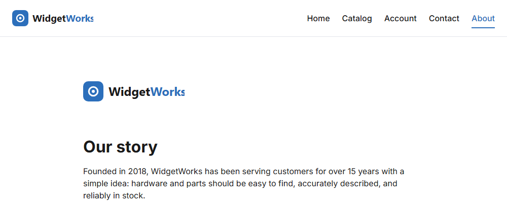 The About page showing the header nav logo (a small square icon next to "WidgetWorks" text) and, further down the page, a second, visibly wider "about-logo" rendering of the same logo