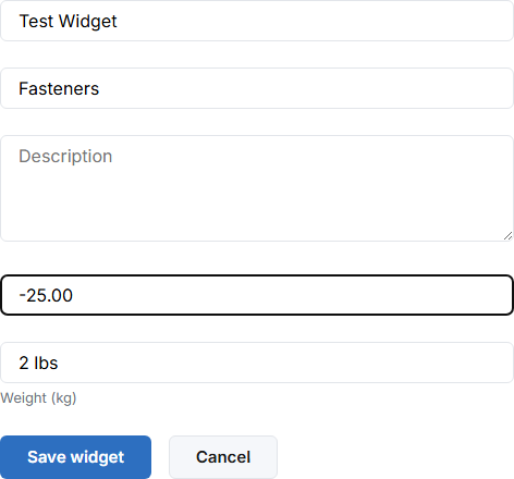 The "Add widget" form with -25.00 typed into the Price field, no red border or error message anywhere, and an active Save widget button
