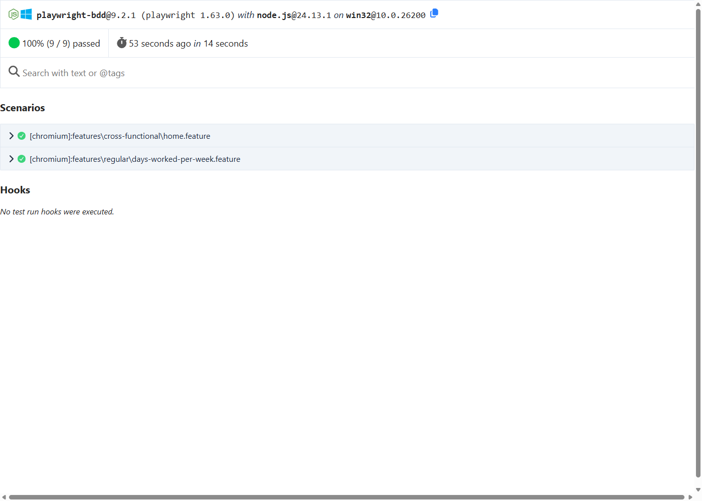 Overview of the generated Gherkin HTML report: 100% (9/9) passed, listing two feature files as collapsible groups