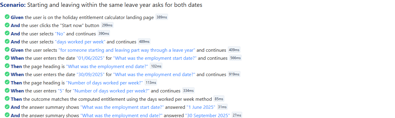 An expanded scenario in the report titled "Starting and leaving within the same leave year asks for both dates", showing every Given/When/Then step with a green tick and a duration, including two "the answer summary shows..." assertions at the end