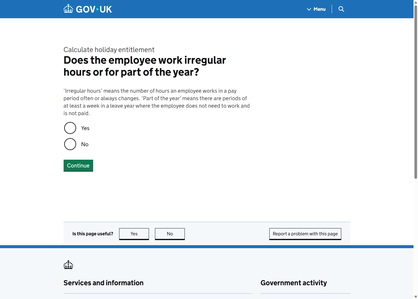 The live GOV.UK question page asking "Does the employee work irregular hours or for part of the year?" with Yes/No radio buttons
