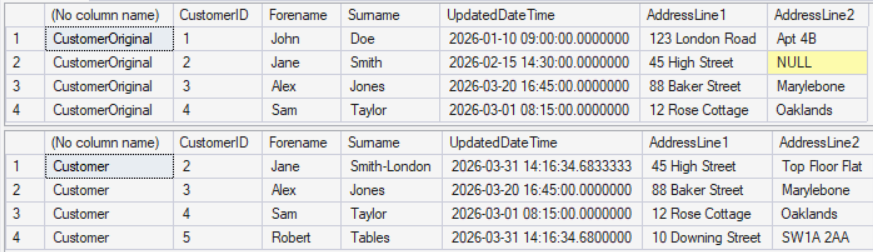 CustomerOriginal and Customer tables side by side