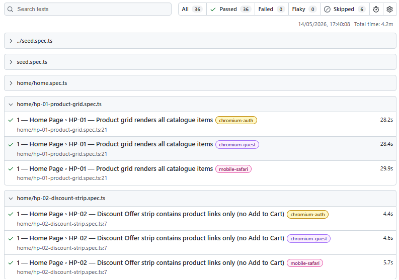 Test results after healing - all 13 home page tests passing