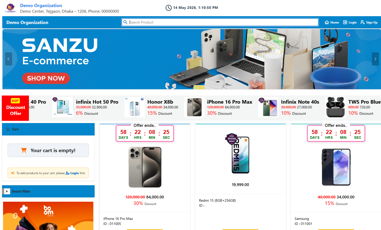 The Sanzu home page showing product cards with countdown timers, prices, and Add to Cart buttons
