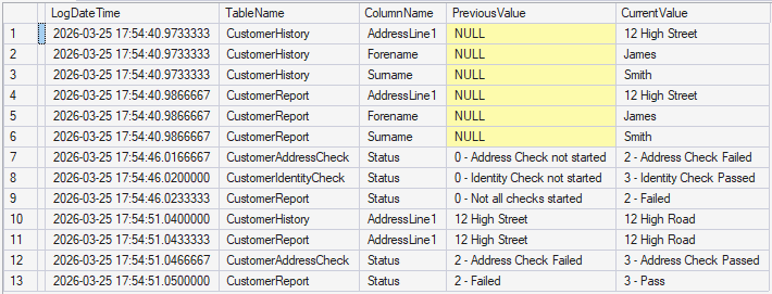 Sequential query output showing all changes in chronological order